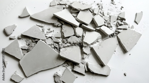 Broken Fragments of White Plaster Resting on a Smooth Surface Highlighting the Texture and Irregular Shapes of the Debris from a Damaged Wall or Artwork