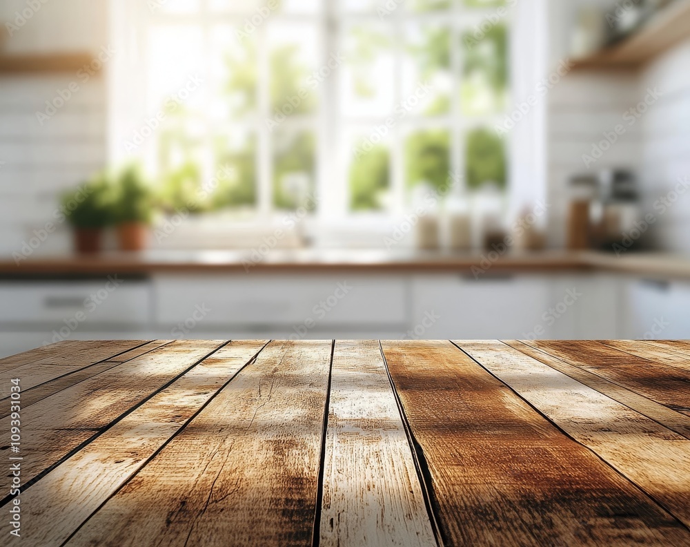 Wooden table top in front of a kitchen window with sunlight streaming through. Wooden table top in front of a kitchen window with sunlight streaming through.