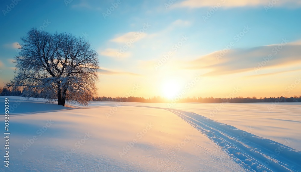 Sunrise over snowy field with tree, casting shadows, clear blue sky. Sunrise over snowy field with tree, casting shadows, clear blue sky.
