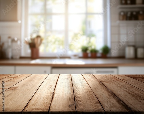 Empty wooden tabletop with blurred kitchen background.