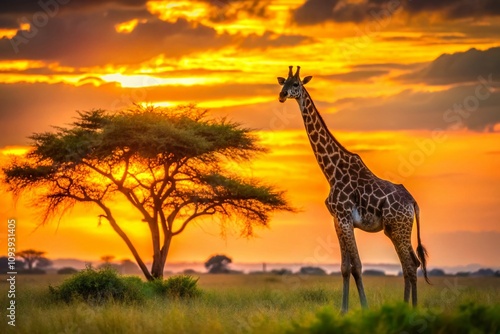 Majestic Young Giraffe Silhouette Against Lush Green Brush and Acacia Trees at Sunset in the African Savanna Landscape