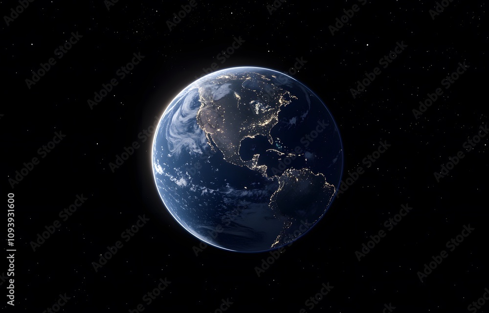 Earth at night from space, North and South America visible. Earth at night from space, North and South America visible.
