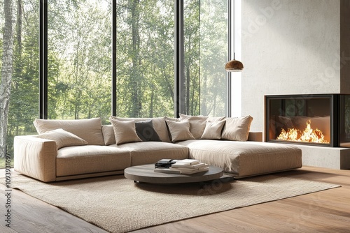A modern living room with a large sectional sofa  a round coffee table  a fireplace  and large windows overlooking a green forest.