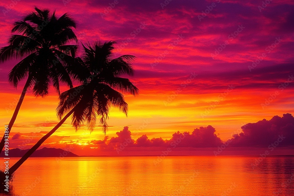 Tropical Sunset with Silhouetted Palm Trees and Vibrant Ocean Reflection Tropical Sunset with Silhouetted Palm Trees and Vibrant Ocean Reflection