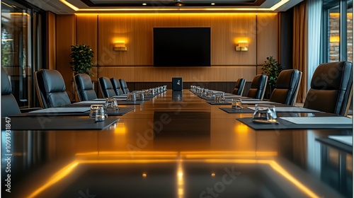 Modern and Elegant Conference Room with Stylish Lighting, Large Table and Comfortable Chairs, Ideal for Business Meetings and Formal Gatherings photo