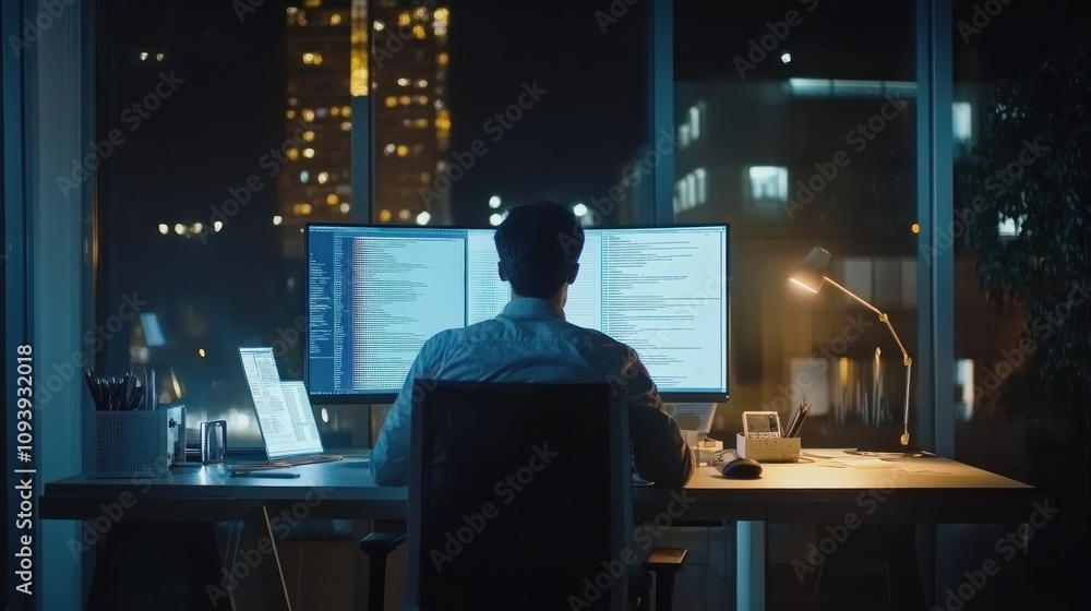 A person working late at a desk with multiple monitors displaying code. A person working late at a desk with multiple monitors displaying code.