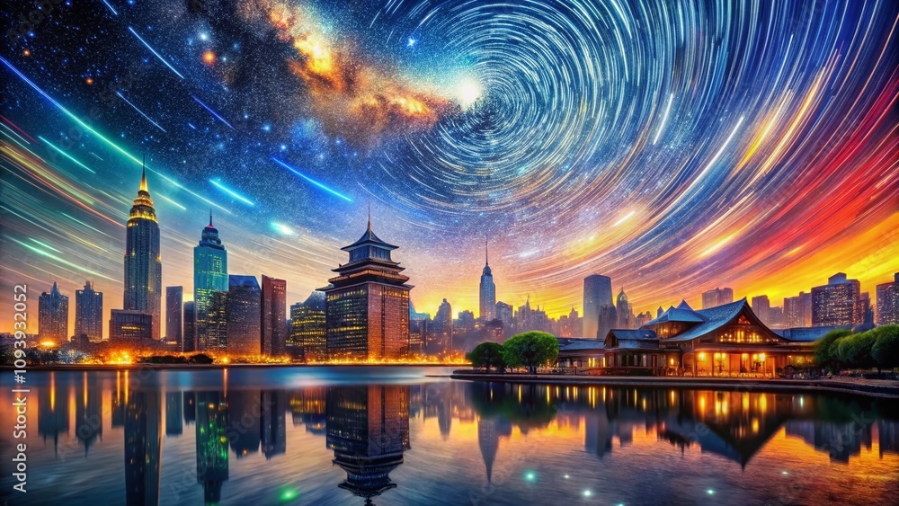 Naklejka premium Mesmerizing Cosmic Landscape: A Vibrant Dance of Stars and Light Over Architectural Marvels, Illuminating the Night Sky with Celestial Wonders and Stunning Structures
