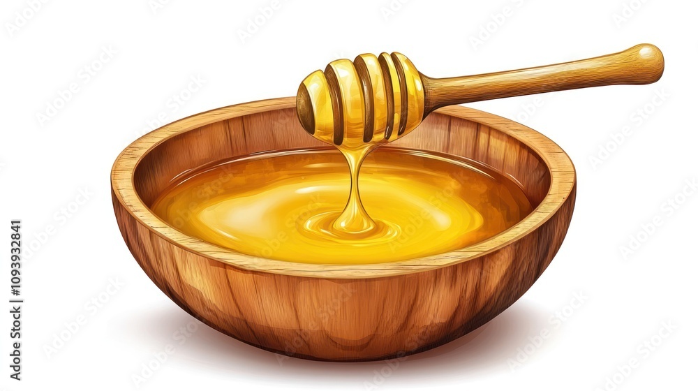 A wooden bowl filled with golden honey and a honey dipper. A wooden bowl filled with golden honey and a honey dipper.