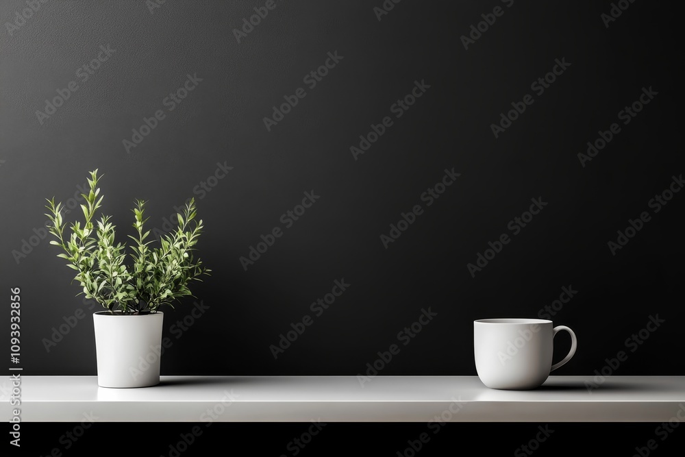 A white shelf with a potted plant and a white coffee mug in front of a black wall. A white shelf with a potted plant and a white coffee mug in front of a black wall.