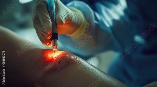 Medical professional using a laser on a patient's skin.