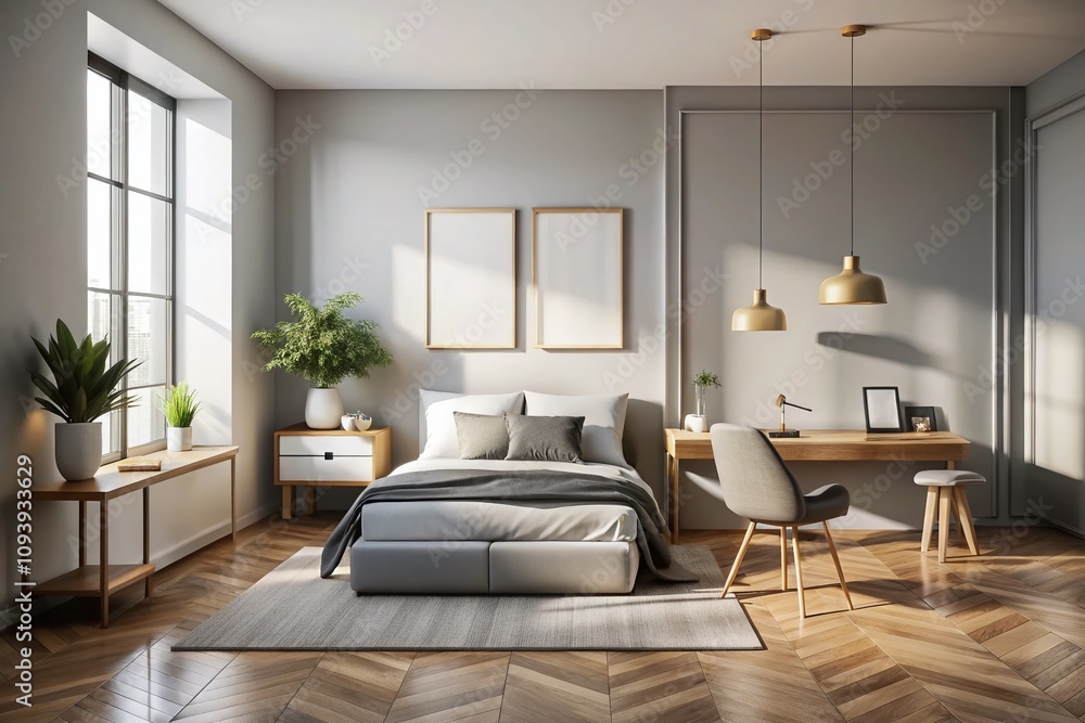 Minimalist Bedroom Set Mockup Featuring an Empty White Poster and Stylish Desk Chair in a Lively Interior Art Scene for Modern Home Decor Inspiration Minimalist Bedroom Set Mockup Featuring an Empty White Poster and Stylish Desk Chair in a Lively Interior Art Scene for Modern Home Decor Inspiration