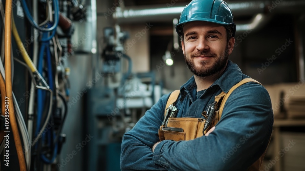 Worker in safety gear smiling in an industrial setting. Worker in safety gear smiling in an industrial setting.
