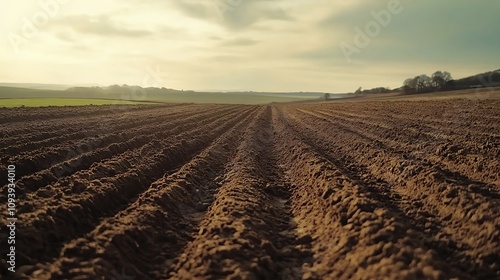 Plowed Field at Sunset, Ready for Planting in the Countryside AI Generated