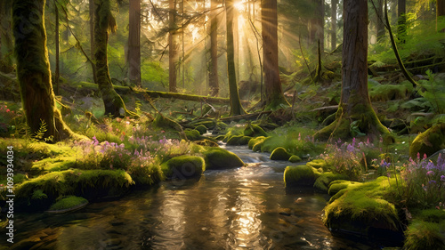 autumn forest in the morning  Mystical Morning in a Tranquil Forest  Enchanting Forest Landscape at First Light  Golden Sunrise in an Enchanted Forest  Magical Forest Glow at Dawn  Serene Woodland Sun