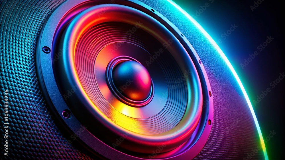 Minimalist Close-up of a Neon Pulsating Sound Speaker Capturing Vibrant Energy and Sound Waves in a Contemporary Setting Minimalist Close-up of a Neon Pulsating Sound Speaker Capturing Vibrant Energy and Sound Waves in a Contemporary Setting