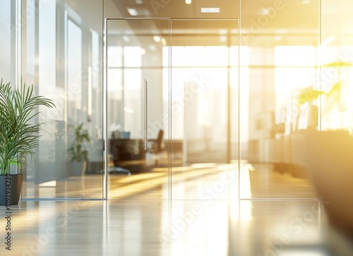 A modern office entrance with glass doors and a sunny view.