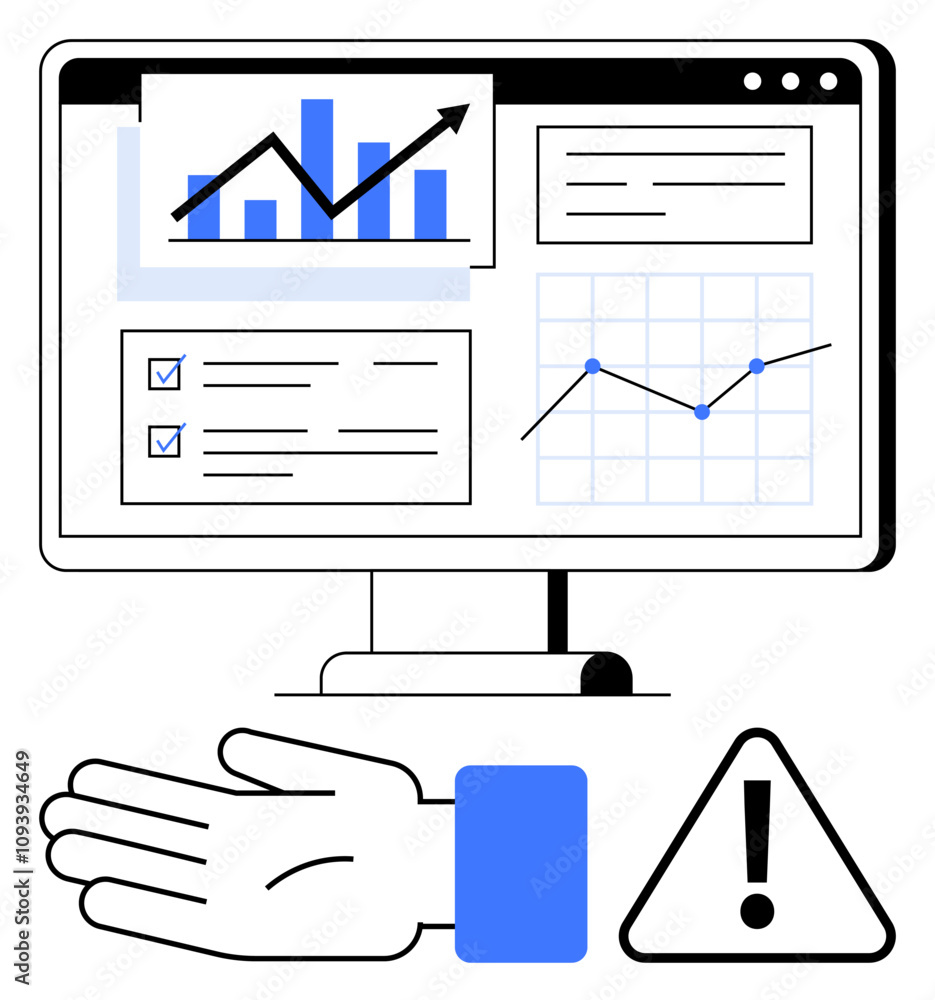 Computer screen displaying graphs, charts, checklists, and a warning triangle beside a hand symbol. Ideal for data analysis, technology, statistics, business reports, project management risk Computer screen displaying graphs, charts, checklists, and a warning triangle beside a hand symbol. Ideal for data analysis, technology, statistics, business reports, project management risk