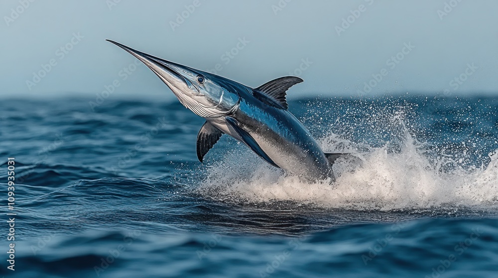 Fototapeta premium A majestic sailfish leaps from the ocean, splashing water.