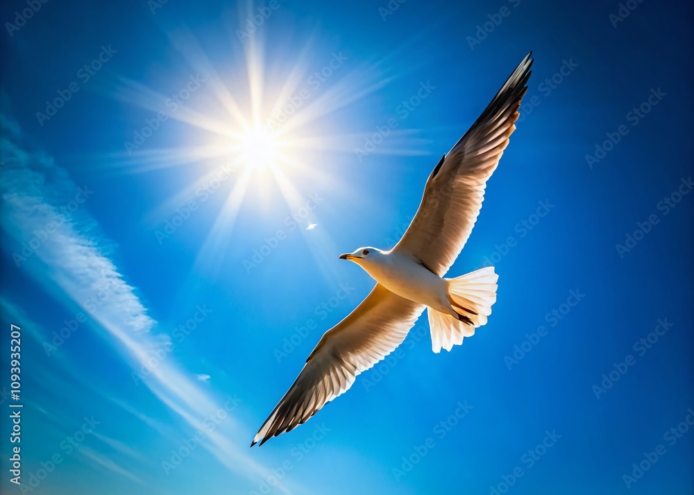 Fototapeta premium Minimalist Freedom: A Lone Bird Soaring Against a Clear Blue Sky, Capturing the Essence of Inspiration and Dynamic Movement in Nature's Beauty