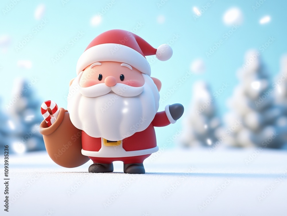 Obraz premium cute cartoon character in festive attire with a sack of gifts in a snowy landscape