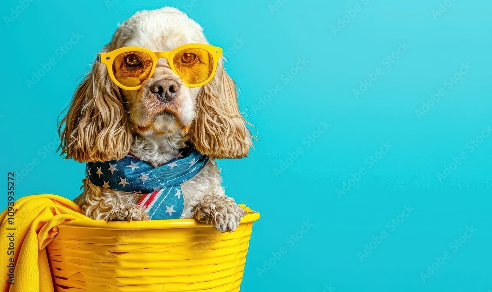 Cocker spaniel puppy wearing an American red, and blue flag bandana and sunglasses Cocker spaniel puppy wearing an American red, and blue flag bandana and sunglasses