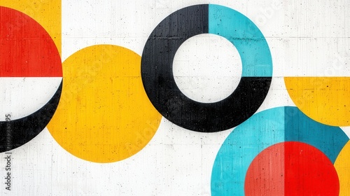 abstract street art. A vibrant abstract mural featuring geometric shapes in black, red, blue, yellow, and green on a textured white background.