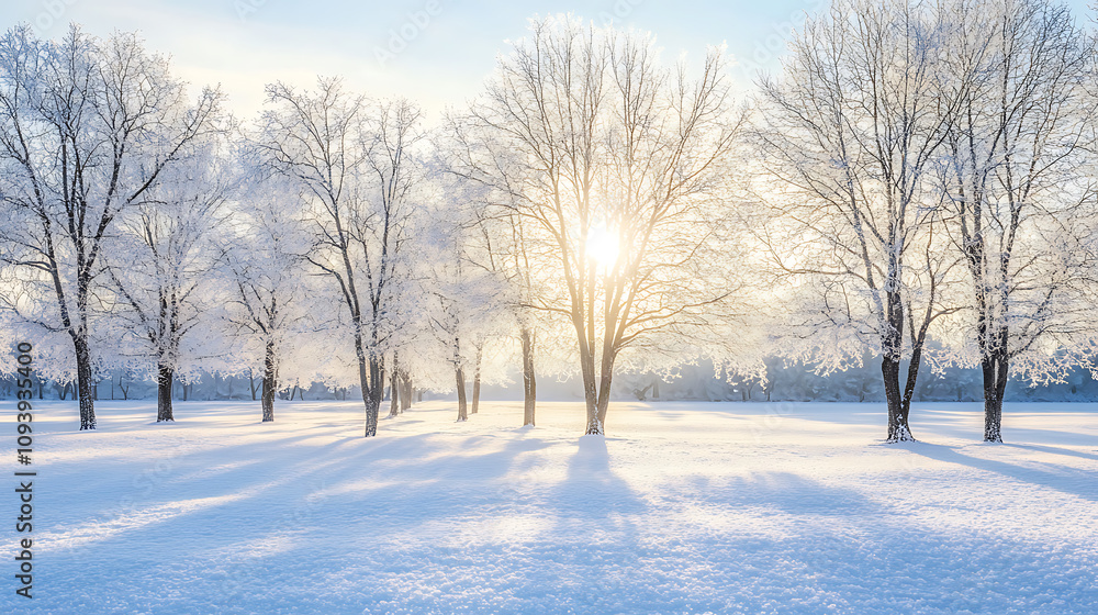 A frosty winter day with snow-dusted trees dotting a serene landscape under a pale, sunlit sky. A frosty winter day with snow-dusted trees dotting a serene landscape under a pale, sunlit sky.