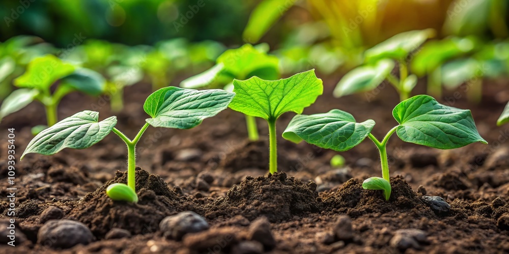 Minimalist Greenery: Fresh Cucumber Seedlings Emerging from Soil Surrounded by Lush Green Sheets in a Serene Garden Setting Minimalist Greenery: Fresh Cucumber Seedlings Emerging from Soil Surrounded by Lush Green Sheets in a Serene Garden Setting