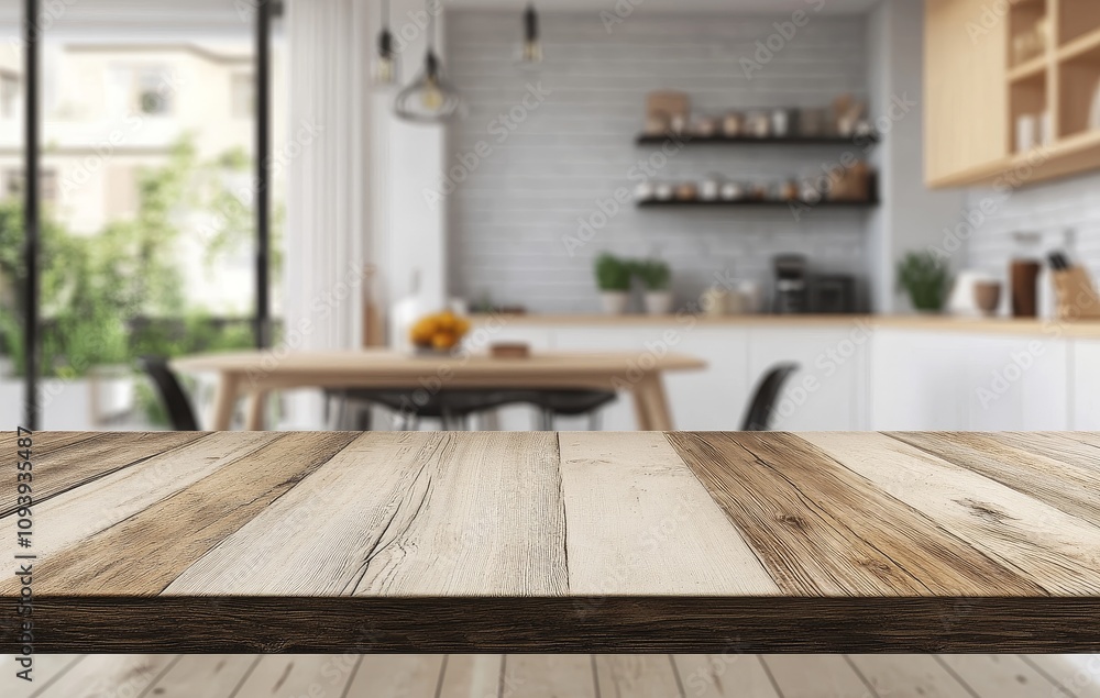 Close-up of a wooden table top with a blurred modern kitchen background. Close-up of a wooden table top with a blurred modern kitchen background.