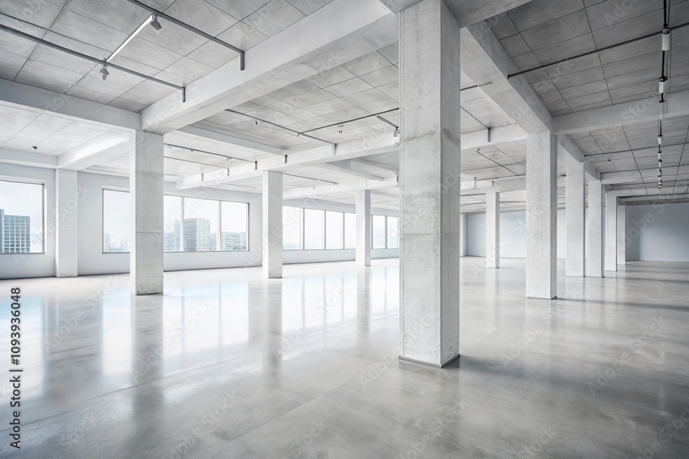 Minimalistic Empty White Interior Featuring Concrete Floor and Columns, Perfect for Modern Home Design, Architecture Photography, and Interior Decor Inspiration Minimalistic Empty White Interior Featuring Concrete Floor and Columns, Perfect for Modern Home Design, Architecture Photography, and Interior Decor Inspiration