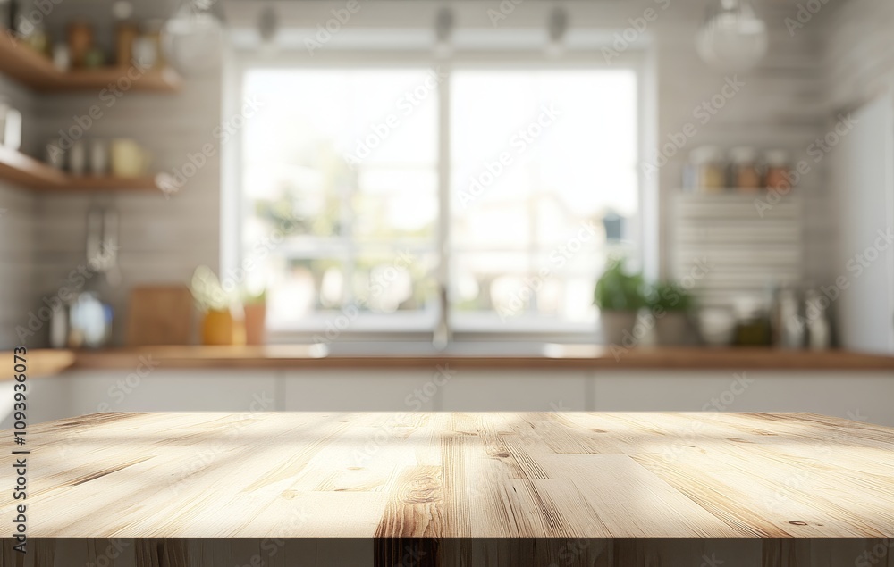 Empty wooden kitchen counter top with blurry background of a kitchen with window and sunlight. Empty wooden kitchen counter top with blurry background of a kitchen with window and sunlight.