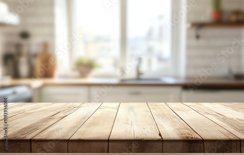 Empty wooden tabletop with blurred background of kitchen interior.