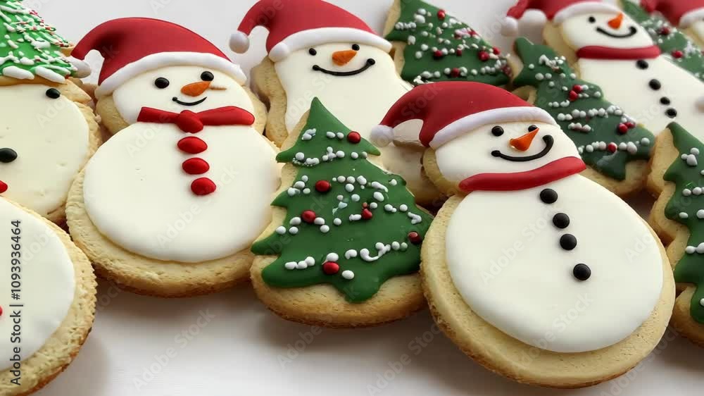 Christmas cookies featuring snowmen, gingerbread men, and Christmas trees 4K Video Christmas cookies featuring snowmen, gingerbread men, and Christmas trees 4K Video
