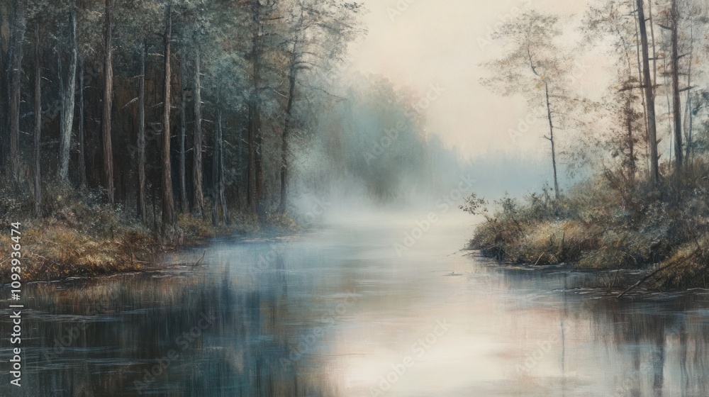 Misty River in the Woods: A Serene Morning Landscape Misty River in the Woods: A Serene Morning Landscape