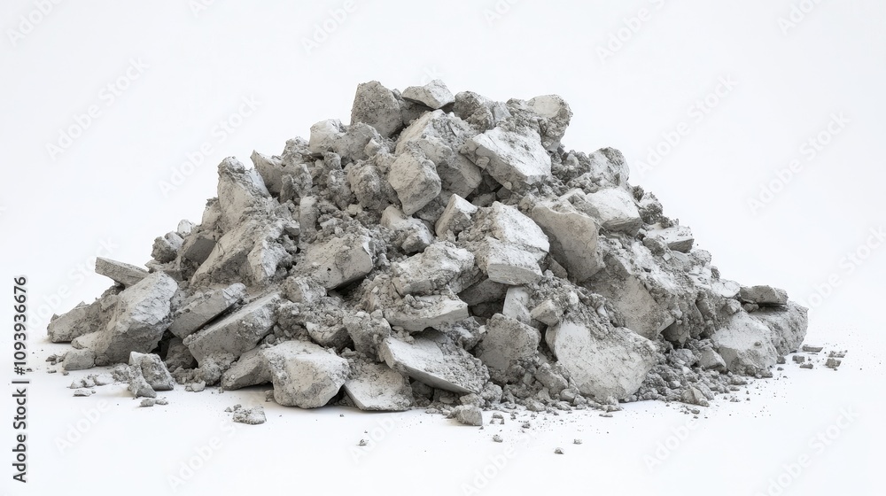 Large Pile of Light Gray Construction Debris on White Background Representing Building Material Waste and Destruction in Urban Environment Large Pile of Light Gray Construction Debris on White Background Representing Building Material Waste and Destruction in Urban Environment