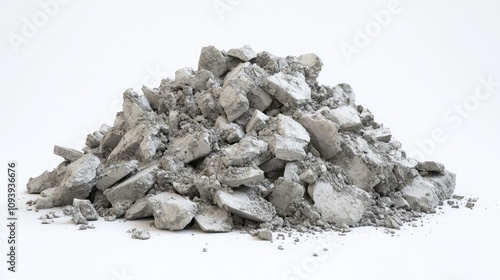 Large Pile of Light Gray Construction Debris on White Background Representing Building Material Waste and Destruction in Urban Environment photo