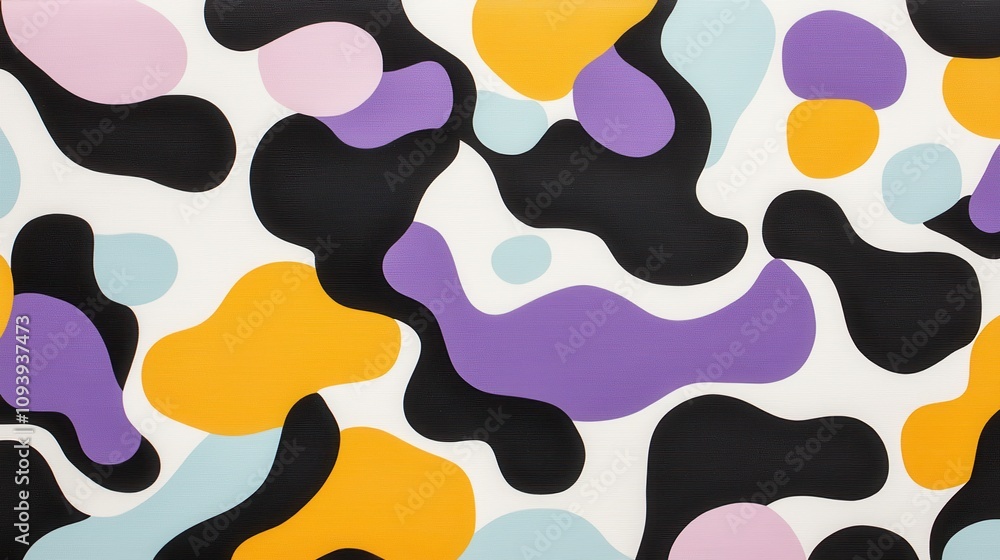 modern abstract art. A vibrant abstract pattern featuring colorful organic shapes in black, purple, yellow, and blue against a white background. modern abstract art. A vibrant abstract pattern featuring colorful organic shapes in black, purple, yellow, and blue against a white background.
