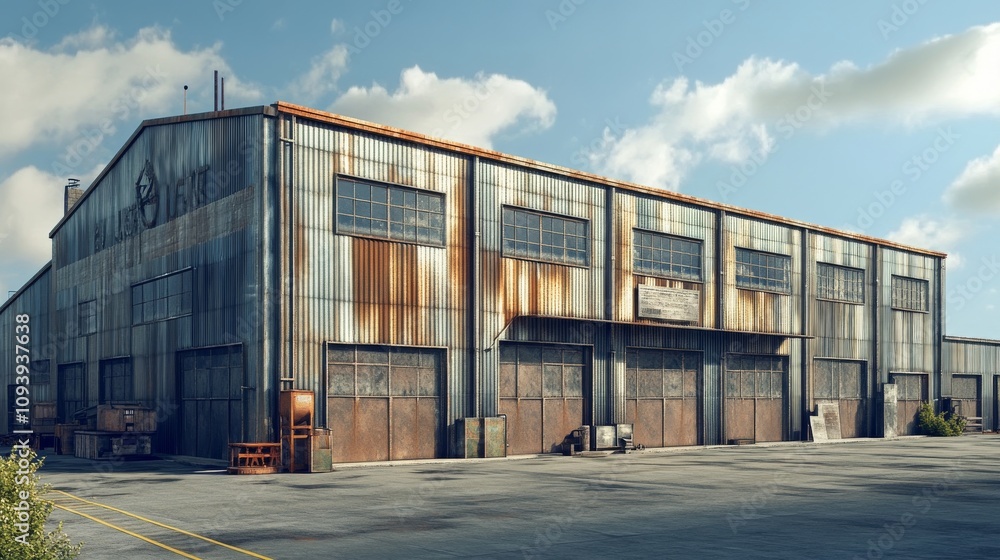 An aged outdoor warehouse with weathered walls and a rusted roof, showcasing its sturdy structure despite years of exposure to the elements. An aged outdoor warehouse with weathered walls and a rusted roof, showcasing its sturdy structure despite years of exposure to the elements.