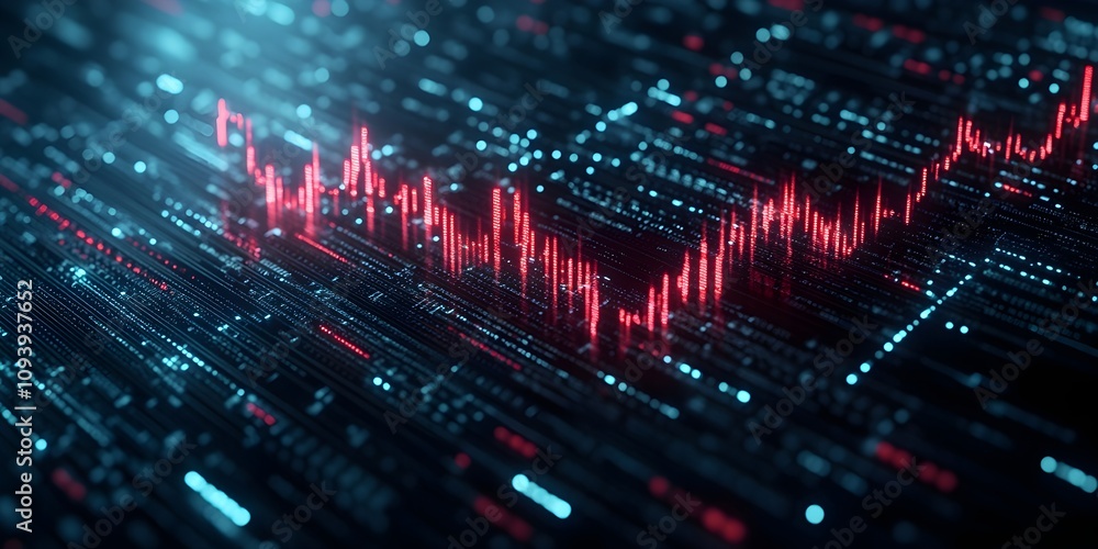 Abstract digital graph. Red data points on dark blue background. Abstract digital graph. Red data points on dark blue background.