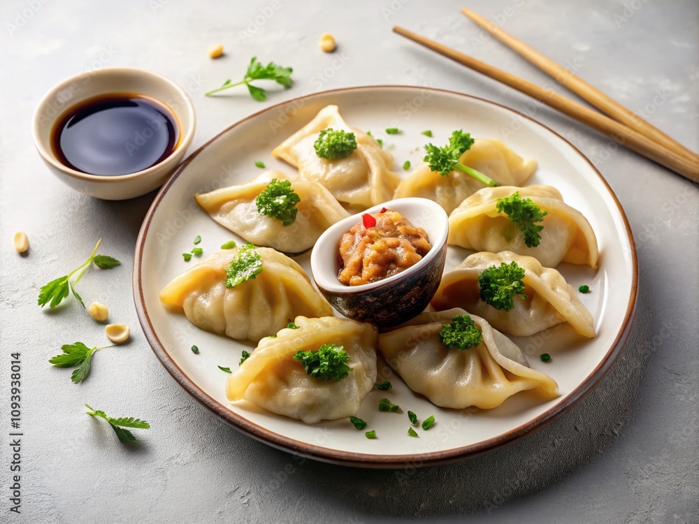 Minimalist Photography of Delicious Fried Asian Dumplings with Soy Onion Sauce on a White Plate, Perfectly Presented for Culinary Aesthetics and Food Enthusiasts Minimalist Photography of Delicious Fried Asian Dumplings with Soy Onion Sauce on a White Plate, Perfectly Presented for Culinary Aesthetics and Food Enthusiasts