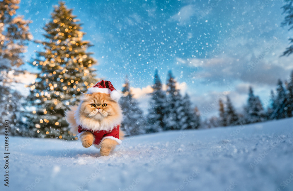 Persian cat wearing Santa cloth and hat running through the snow Persian cat wearing Santa cloth and hat running through the snow