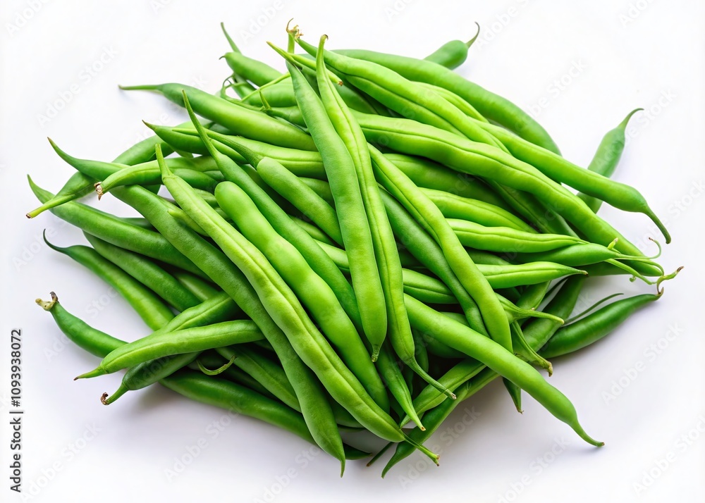 Minimalist Photography of Fresh Green Beans on a Simple White Background, Highlighting Their Natural Color and Texture for Culinary and Health-Focused Visuals Minimalist Photography of Fresh Green Beans on a Simple White Background, Highlighting Their Natural Color and Texture for Culinary and Health-Focused Visuals