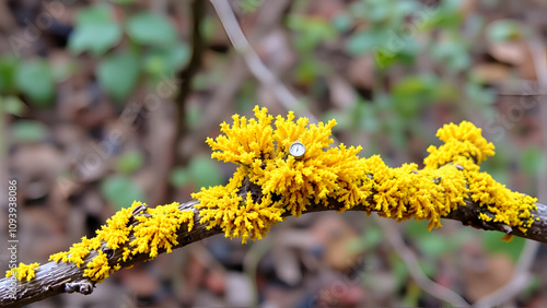 Lichen Xanthoria parietina on dead branch photo