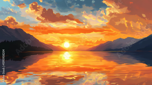 Breathtaking sunset over a calm lake surrounded by mountains. golden sky with scattered clouds reflecting on water. perfect nature scenery. Clouded Sunset Horizon. Illustration