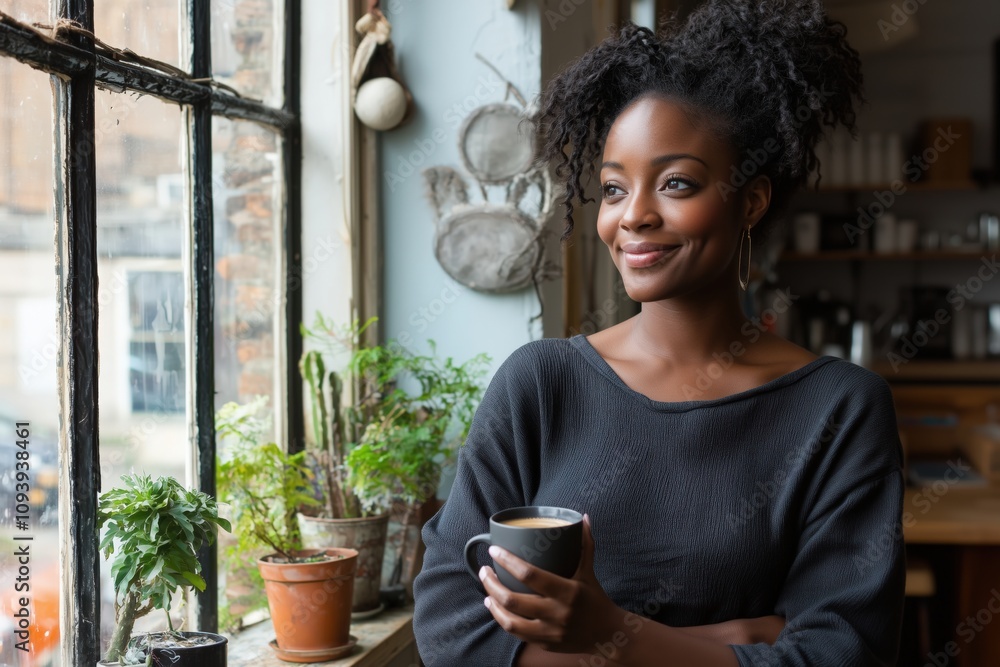Black woman with coffee by window, promoting calm and self-reflection Black woman with coffee by window, promoting calm and self-reflection