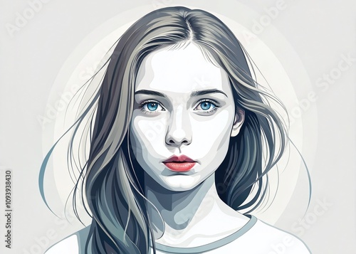 Minimalist Portrait of an Unknown Girl on a White Background, Simple Lines and Shapes, Focusing on Expression and Emotion in Vector Art Style for Modern Design Needs