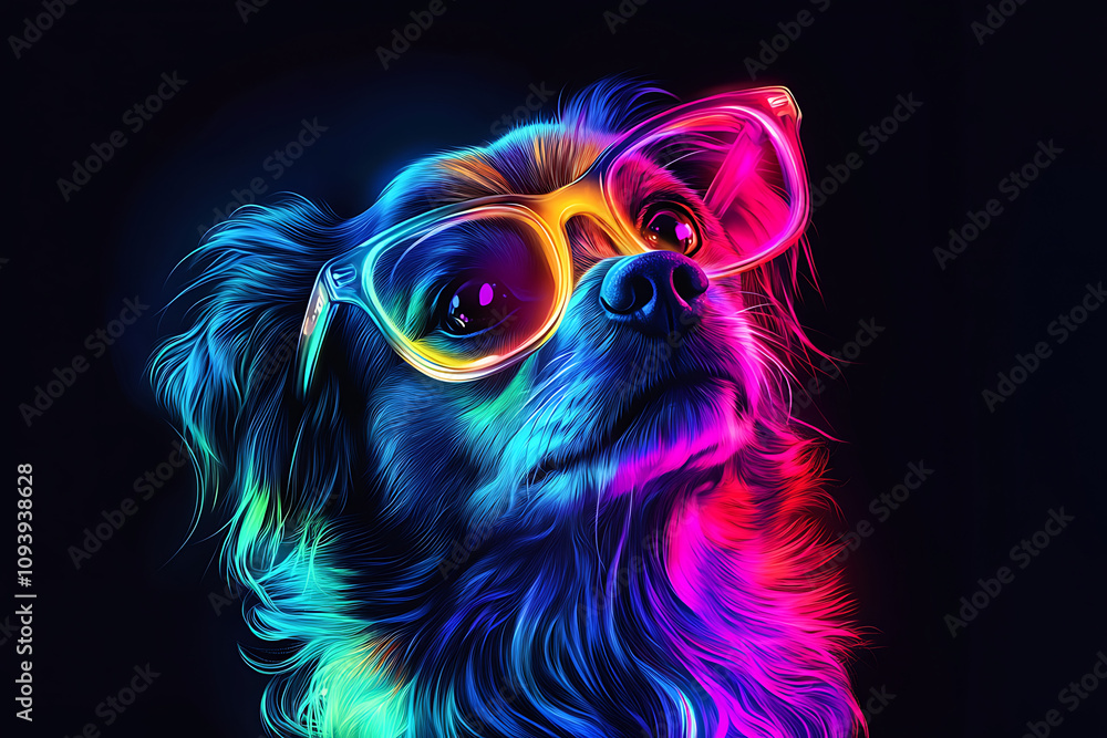 Naklejka premium A colorful, stylized portrait of a dog wearing oversized glasses against a dark background.