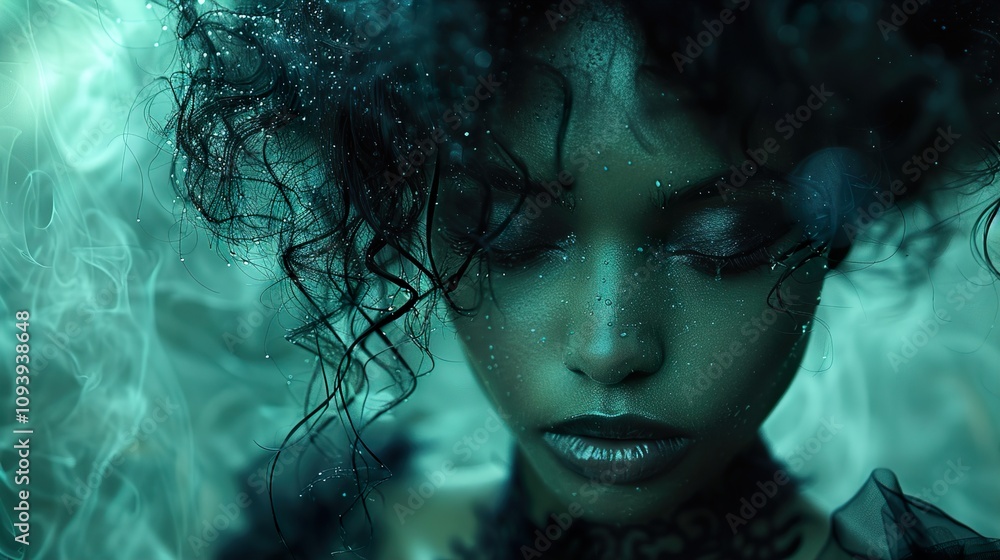 Mystical Portrait of a Woman with Eyes Closed and Water Drops on Her Face Mystical Portrait of a Woman with Eyes Closed and Water Drops on Her Face