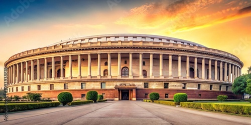 Minimalist Representation of the New Indian Parliament Building with a Clean Aesthetic and Simplistic Design Elements for Modern Architectural Photography