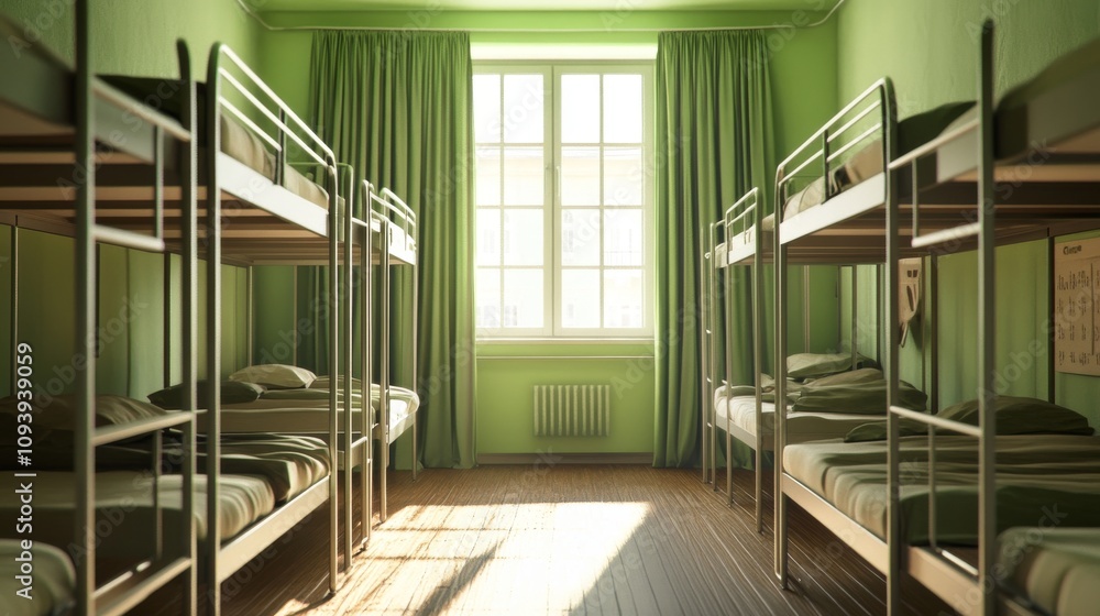 A neat dormitory room with brand-new bunk beds arranged in an orderly line, ready for occupants. A neat dormitory room with brand-new bunk beds arranged in an orderly line, ready for occupants.